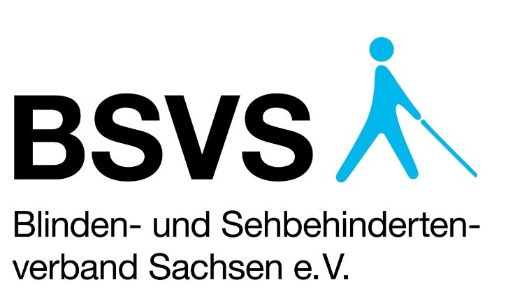 Logo des Blinden- und Sehbehindertenverbands Sachsen e.V. auf dem ein blaues Comicmännchen mit einem blauen blindenstok abgebildet ist.